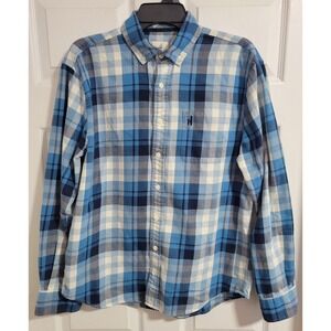 Johnnie-O Hangin' Out Men's Medium Blue Plaid Button Down surfer 100% Cotton
